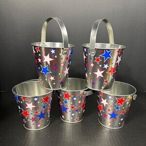 Patriotic Mini Metal Bucket Pail with Red White Blue Stars Silver - Set of 5